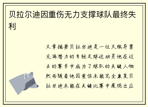 贝拉尔迪因重伤无力支撑球队最终失利